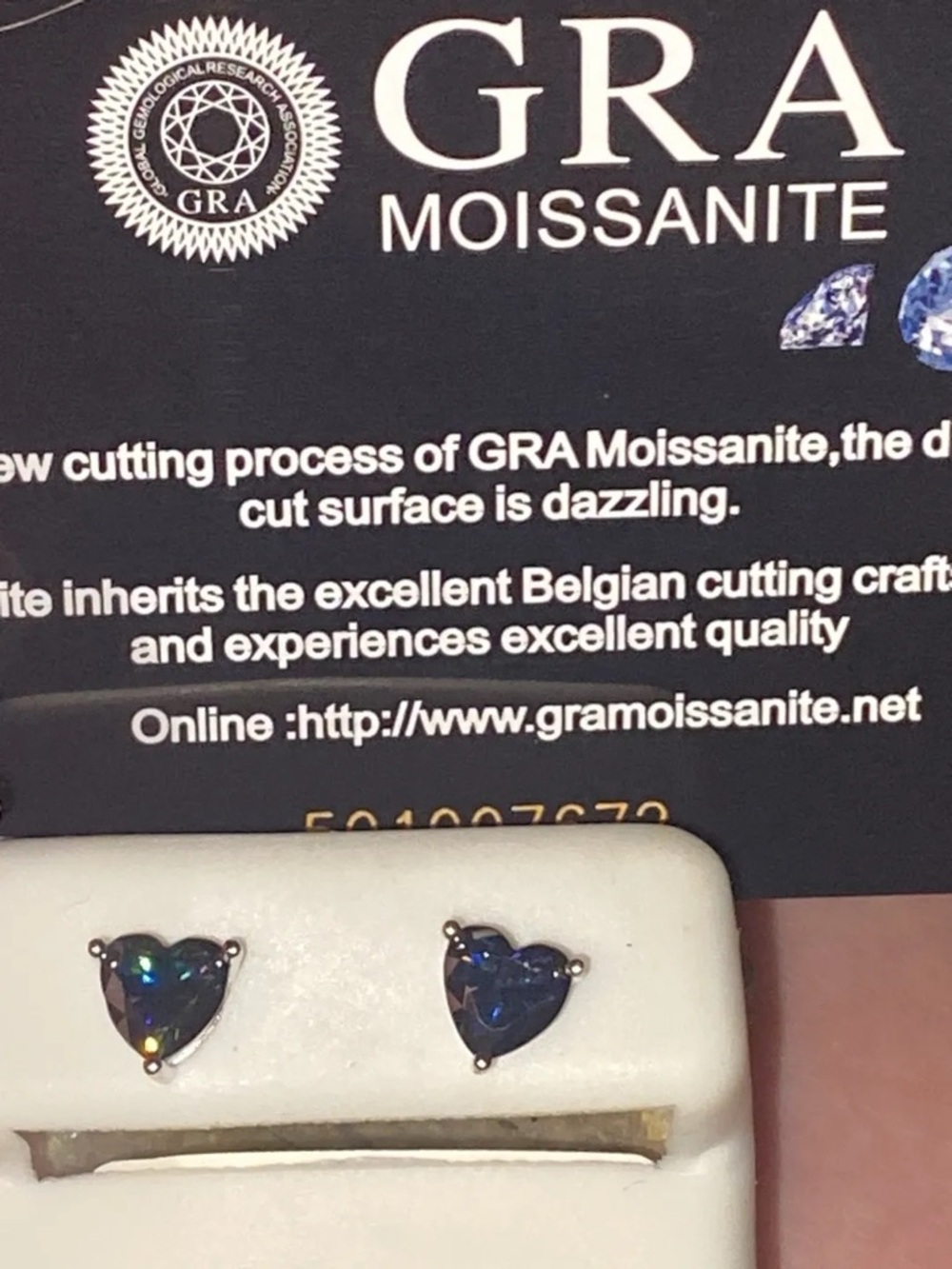 GRA Moissanite Heart Stud Earrings in Deep Blue